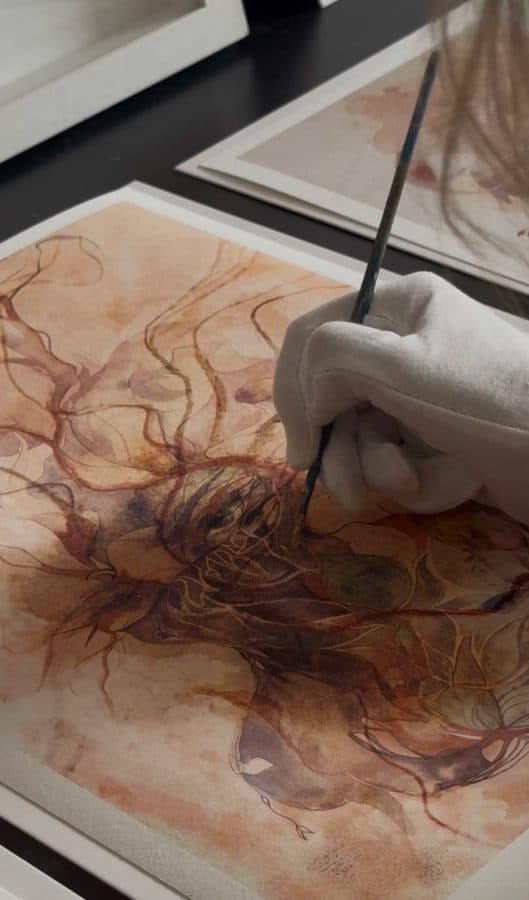 Ana Kuni working on a limited edition print in the studio